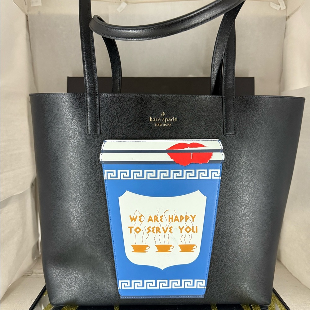 Kate Spade Black Tote with Blue Coffee Cup Graphic - Picture 9 of 10